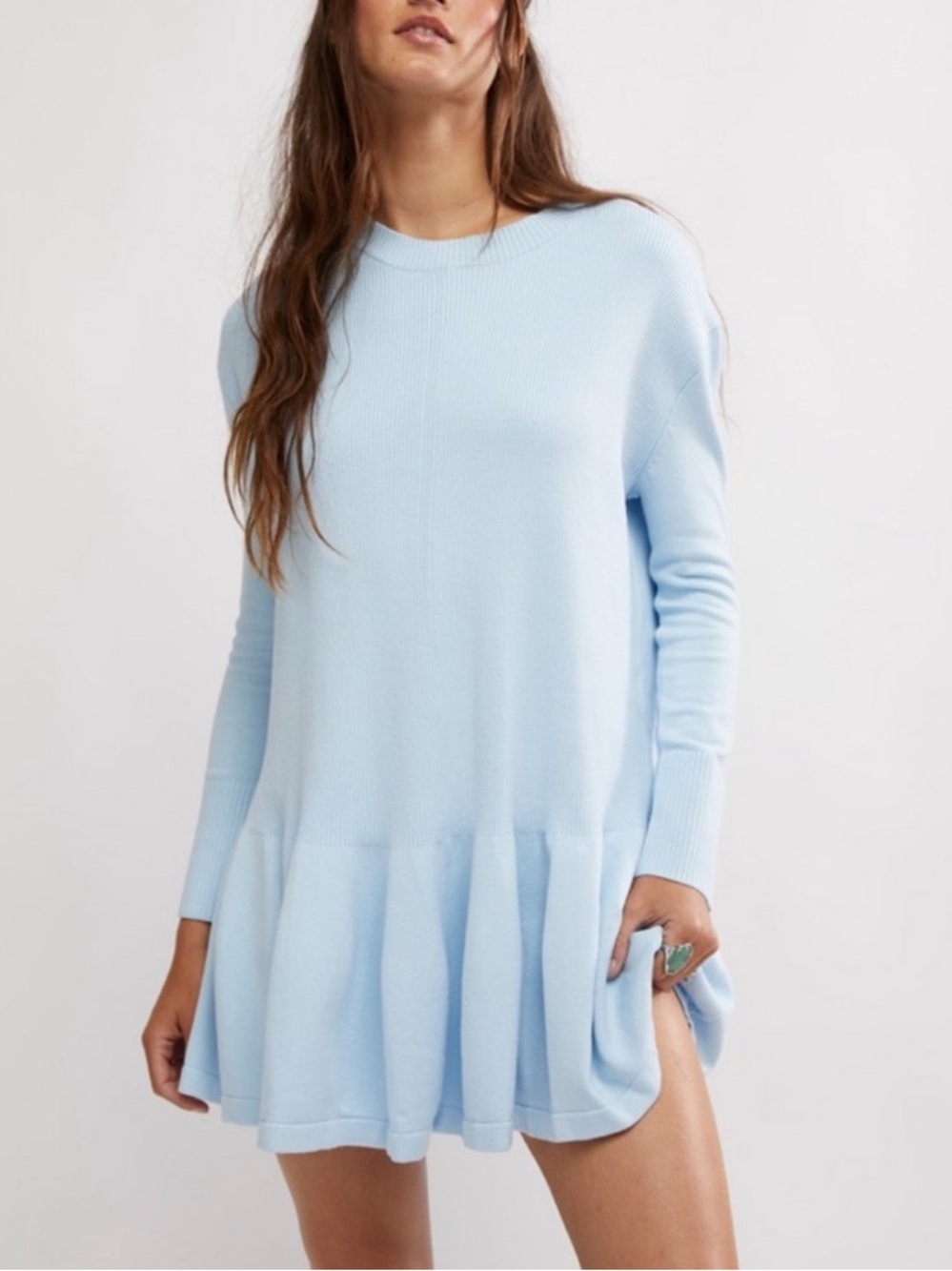 Free People Time On My Side Ice Water Blue Knit Mini Dress - Picture 4 of 8